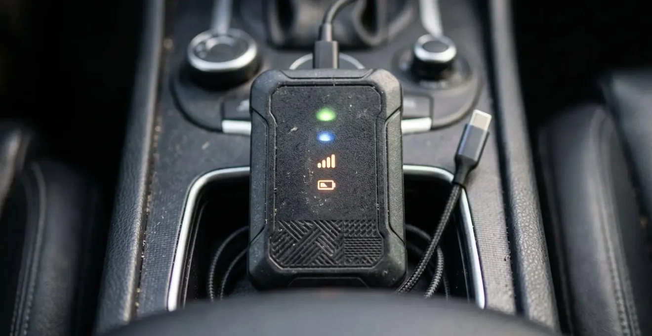 Close-up of mobile hotspot device in car console with signal strength indicators