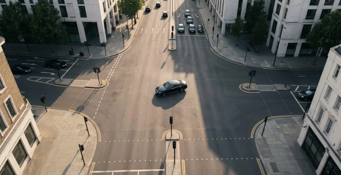 Aerial wide view of luxury vehicle maintaining strategic position at London junction with multiple route options visible
