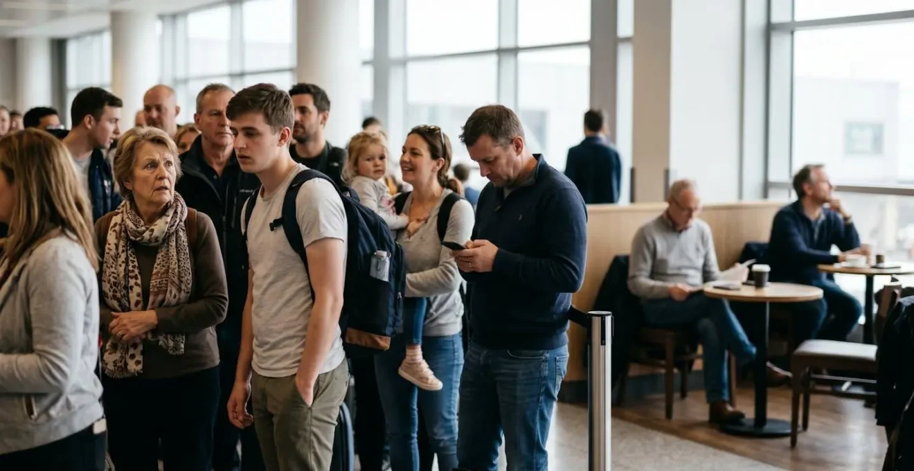 Crowded airport arrivals hall with passengers waiting at different vantage points