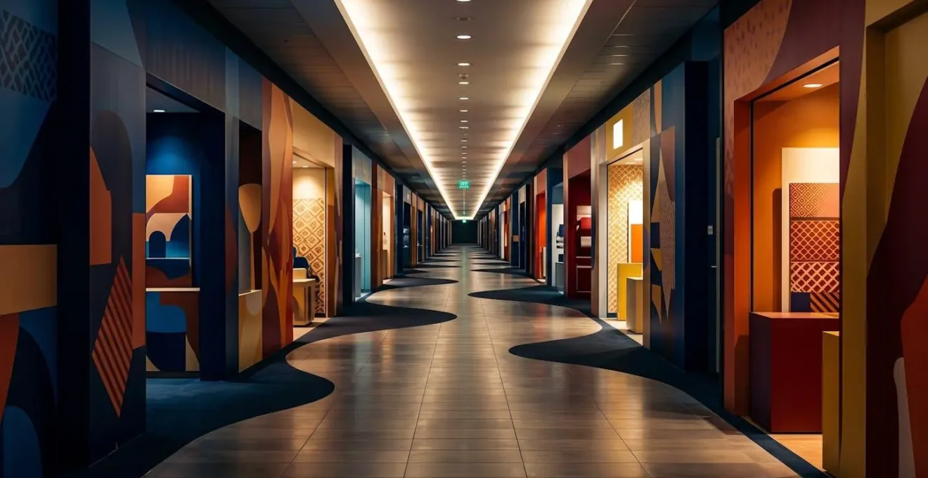 Long winding path through duty-free retail area leading to distant car park signs