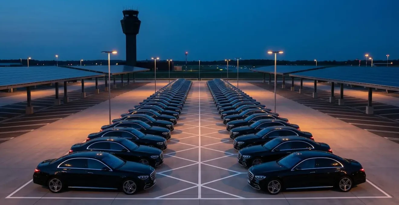 Professional drivers waiting in designated airport staging area with luxury vehicles arranged systematically