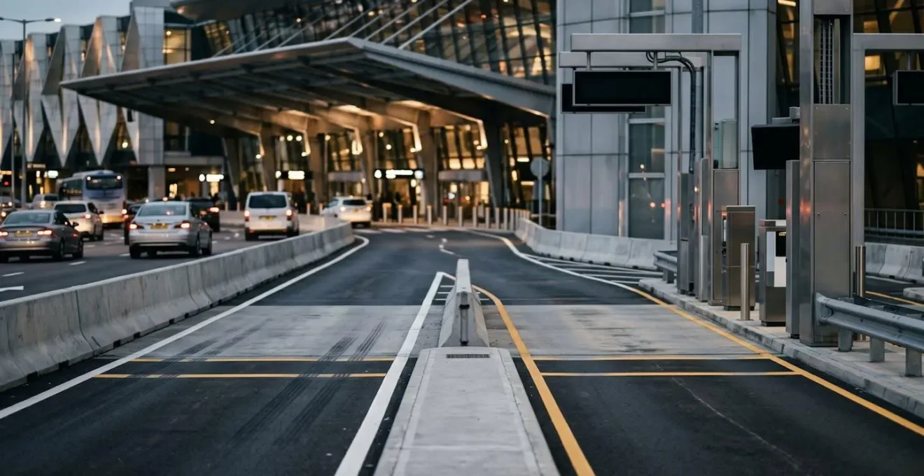 Close-up view of vehicle lanes approaching terminal with abstract payment system infrastructure