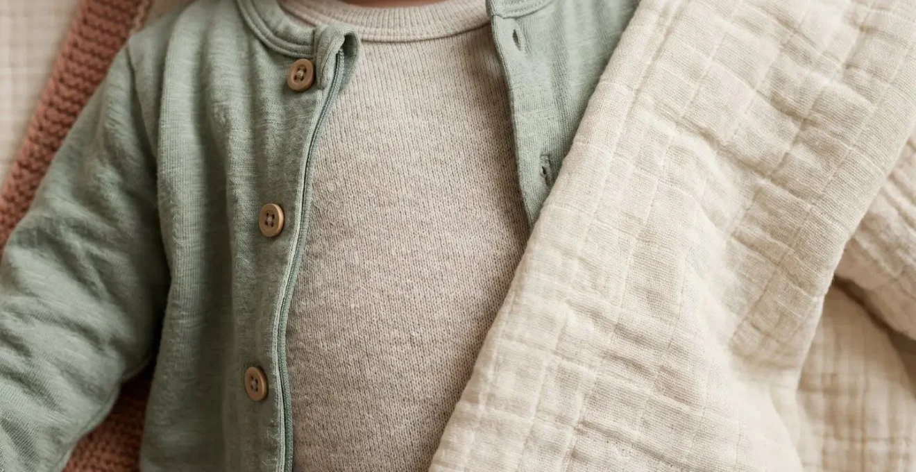 Close-up of baby's torso showing three distinct clothing layers in soft natural fabrics