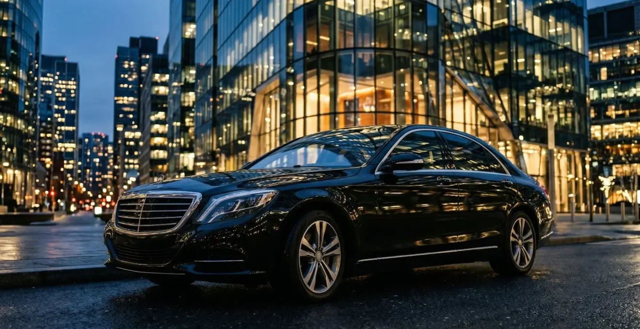 Black Mercedes S-Class in corporate setting conveying authority