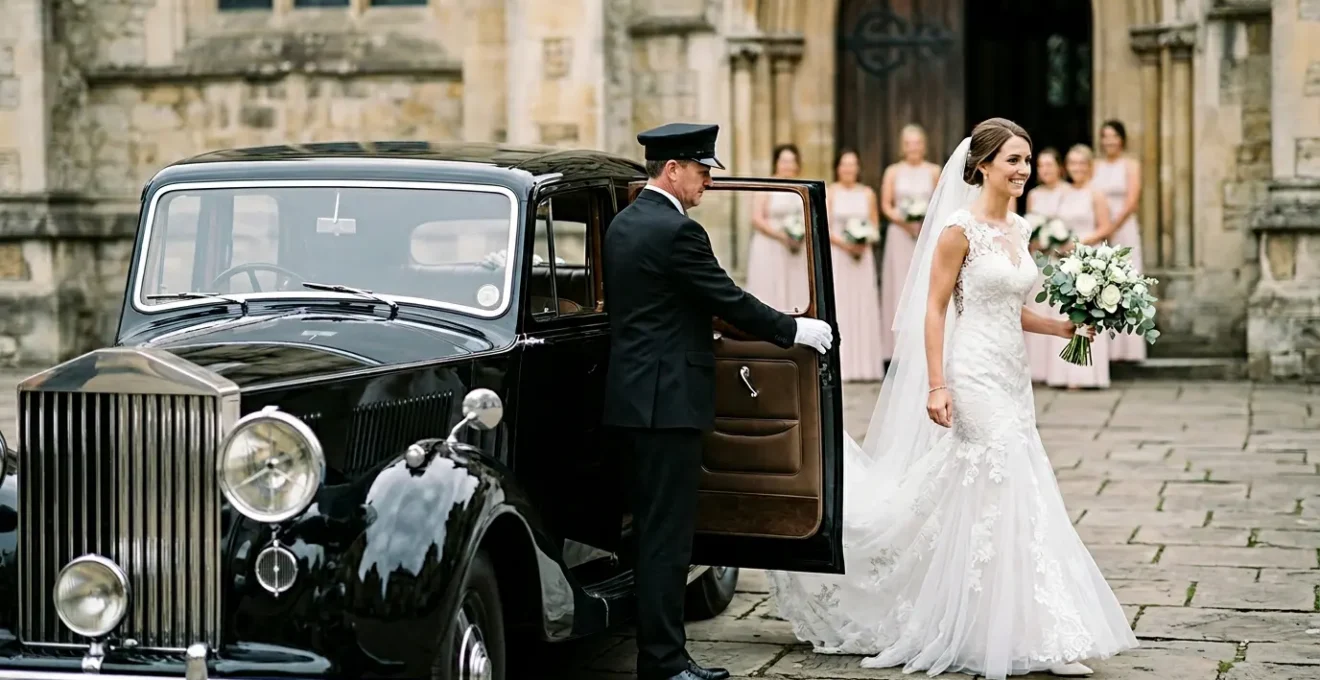 Bride stepping out of vintage wedding car with timing precision