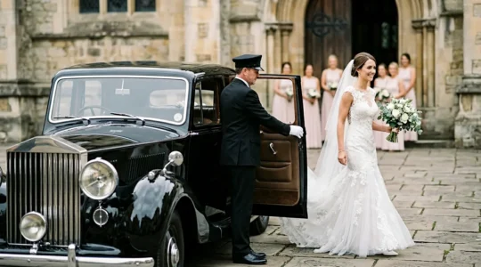 Bride stepping out of vintage wedding car with timing precision