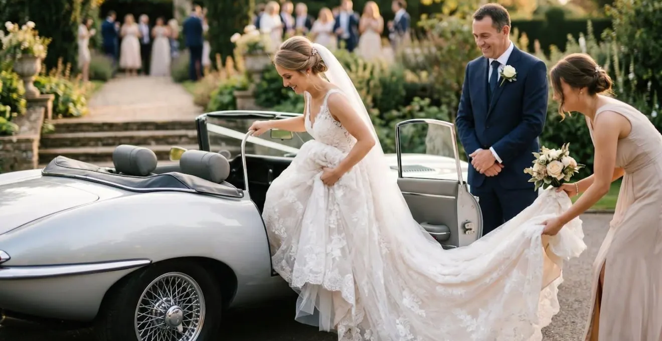 Bride demonstrating proper technique for entering a sports car in wedding dress