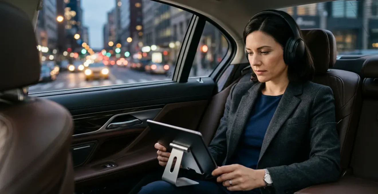 Professional working productively in car backseat with laptop during commute