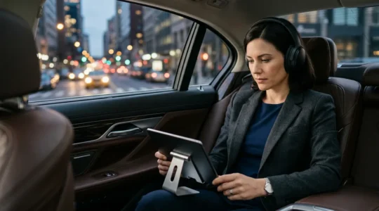 Professional working productively in car backseat with laptop during commute