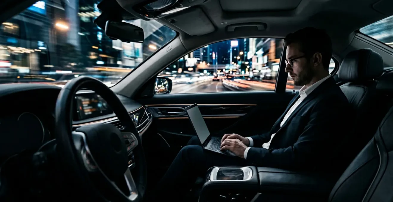 Business professional using laptop in luxury car with digital connectivity visualization