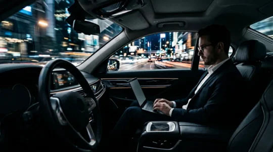Business professional using laptop in luxury car with digital connectivity visualization