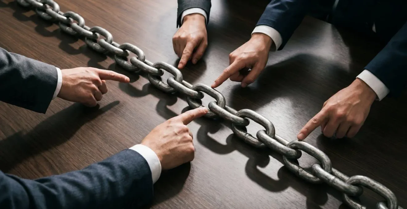 Business executives examining interconnected risk chain showing liability flow from vendor to corporation