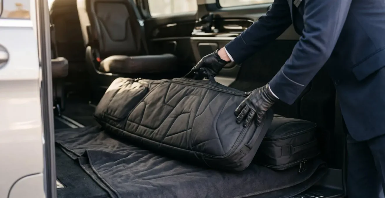 Professional chauffeur securing ski bags inside a luxury Mercedes V-Class, demonstrating secure in-cabin transport.