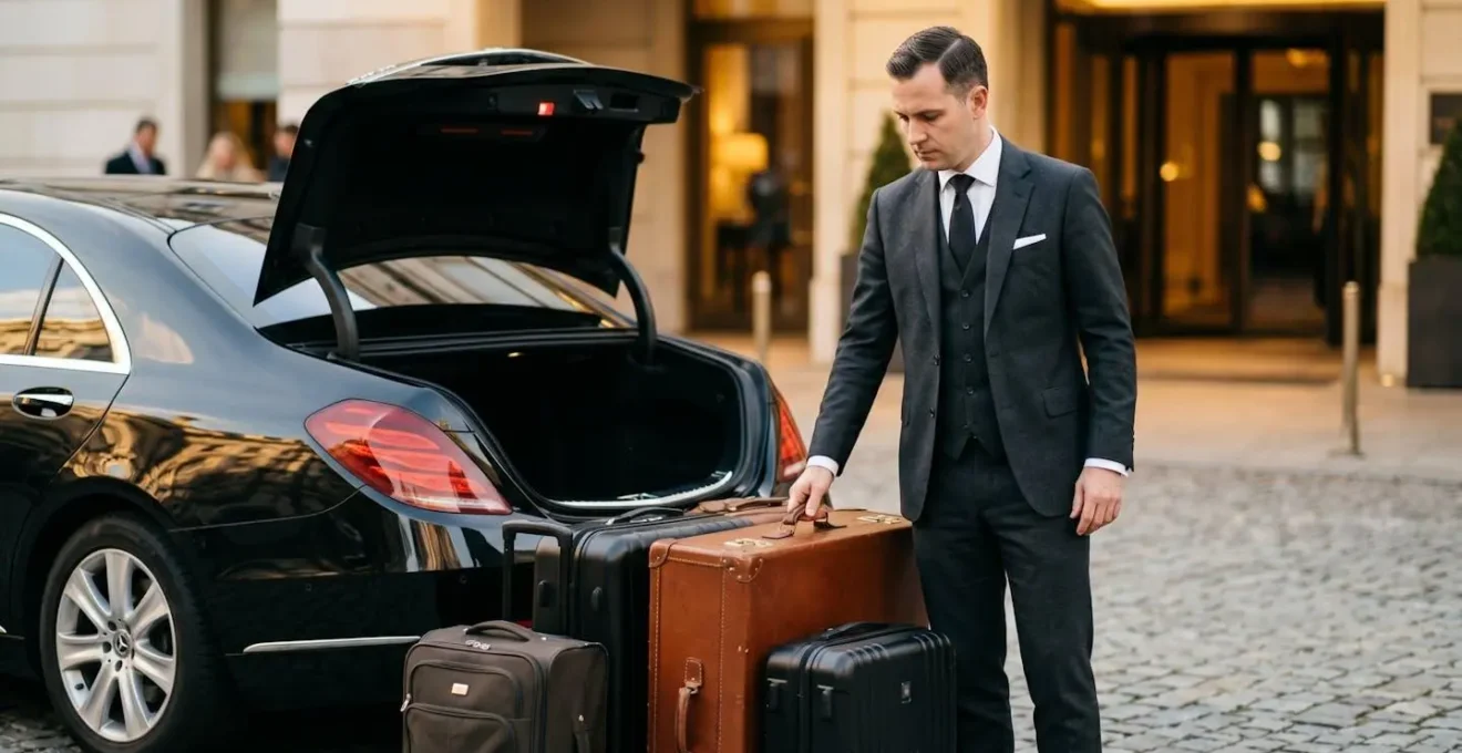 Professional chauffeur evaluating luggage volume at luxury hotel pickup
