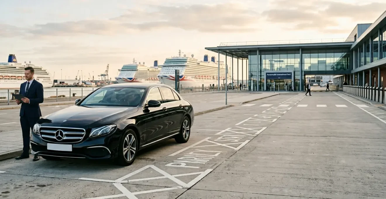 Professional chauffeur standing beside a luxury Mercedes sedan at Portsmouth International Port