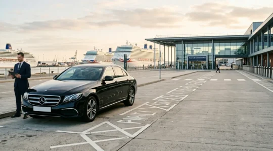 Professional chauffeur standing beside a luxury Mercedes sedan at Portsmouth International Port