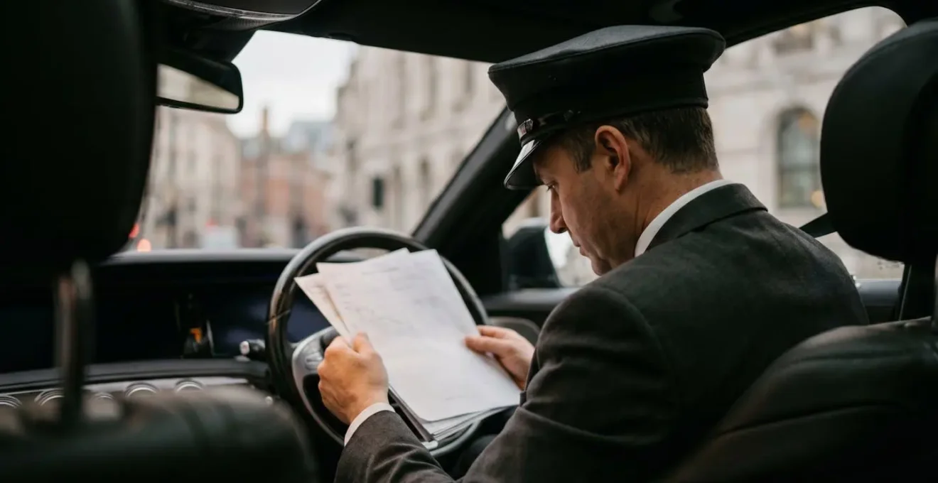 Professional chauffeur reviewing route planning documents in luxury vehicle