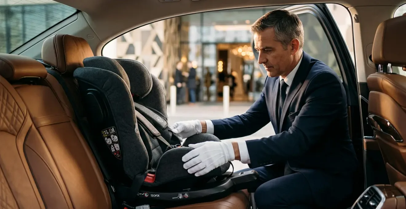 Professional chauffeur installing child car seat in luxury vehicle