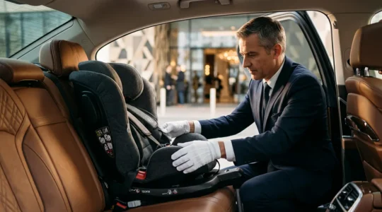 Professional chauffeur installing child car seat in luxury vehicle