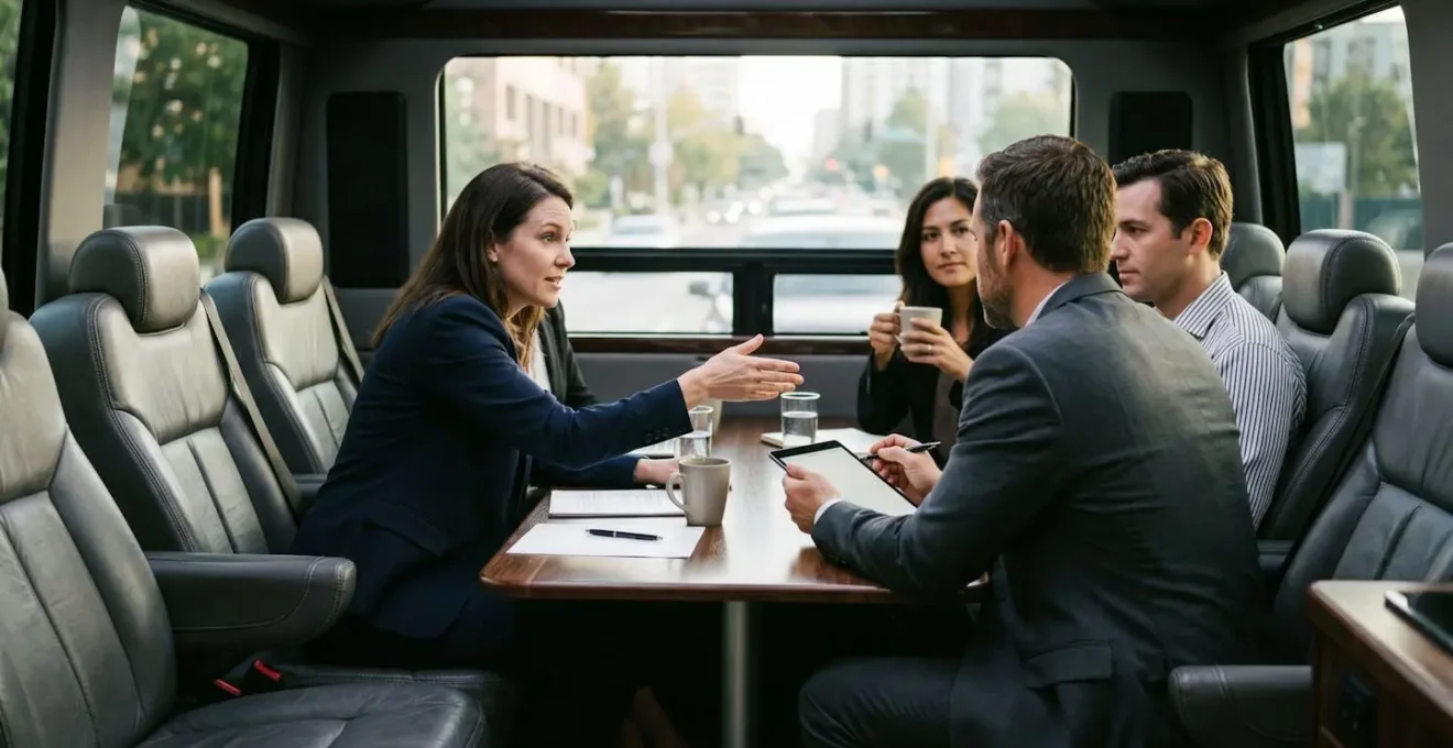 Executive van interior showing flexible seating arrangements for business meetings