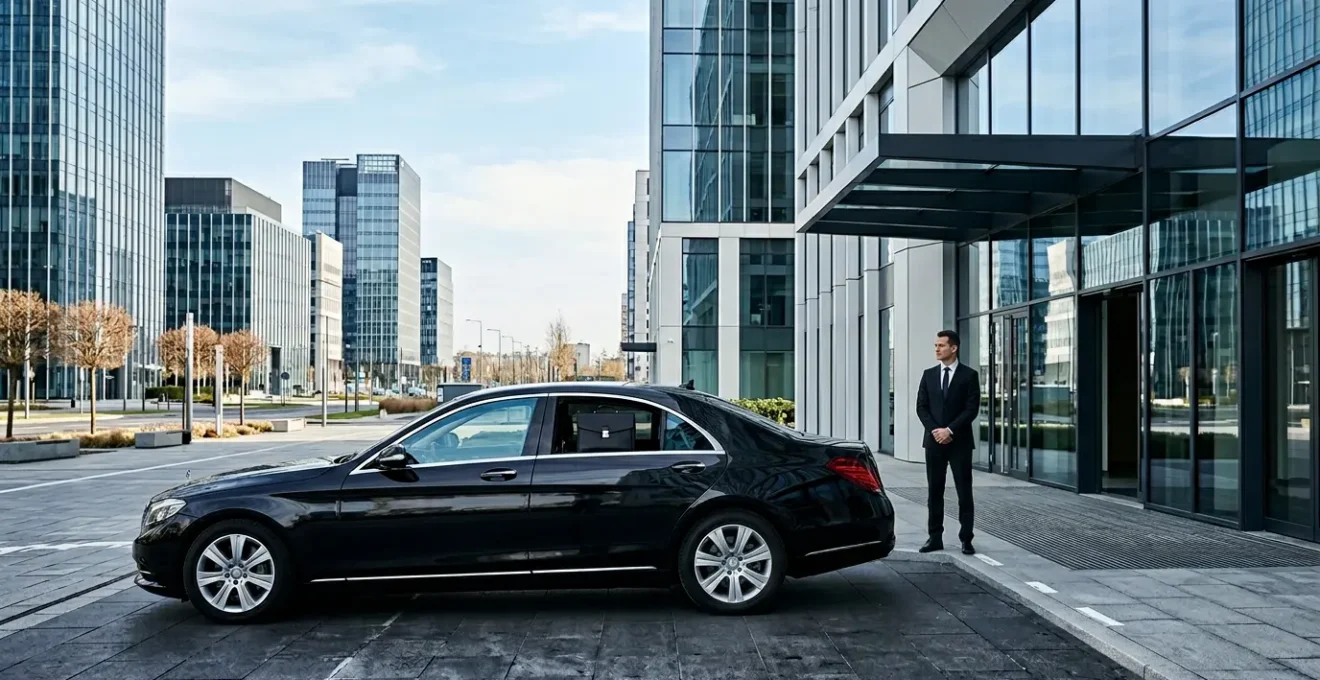 Executive transport vehicle with professional driver highlighting liability insurance importance for corporate contracts
