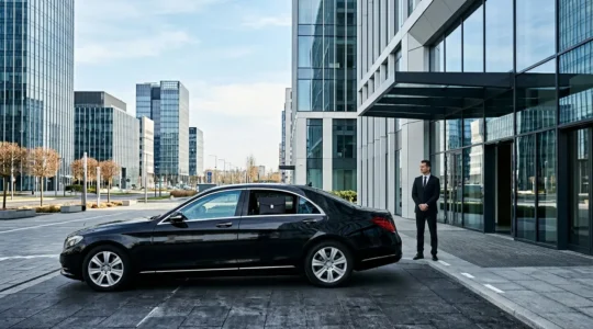 Executive transport vehicle with professional driver highlighting liability insurance importance for corporate contracts