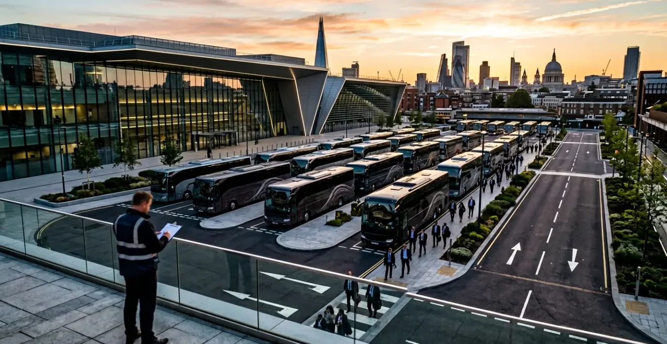 Professional transport coordinator managing delegate shuttles at urban conference venue