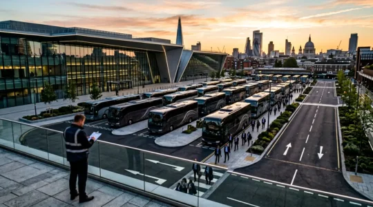 Professional transport coordinator managing delegate shuttles at urban conference venue