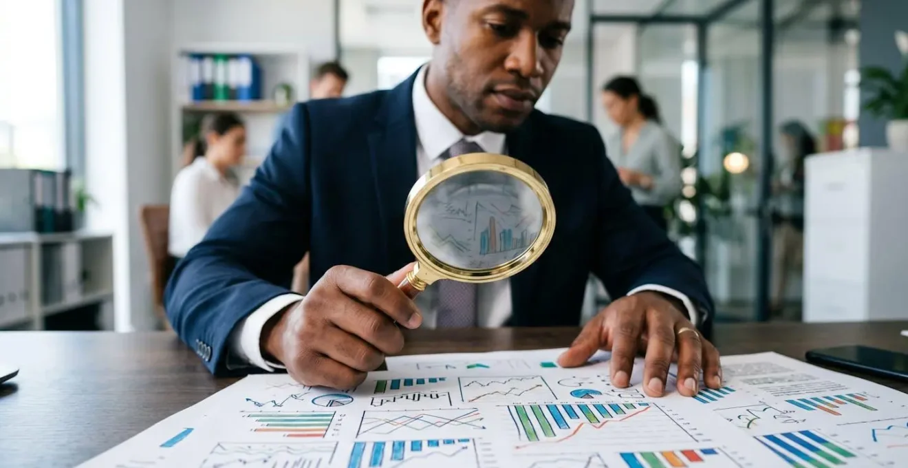 A compliance officer examining corporate documents with a magnifying glass, focusing on financial reports and stability checks.
