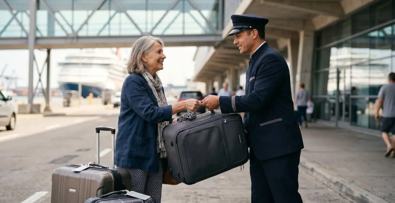 Professional porter at cruise terminal handling multiple pieces of tagged luggage near designated drop-off area