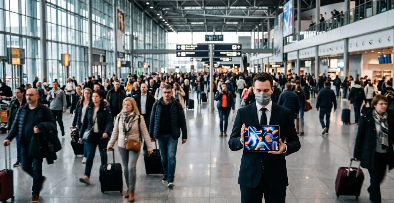 High-contrast digital signboard held by chauffeur in busy terminal