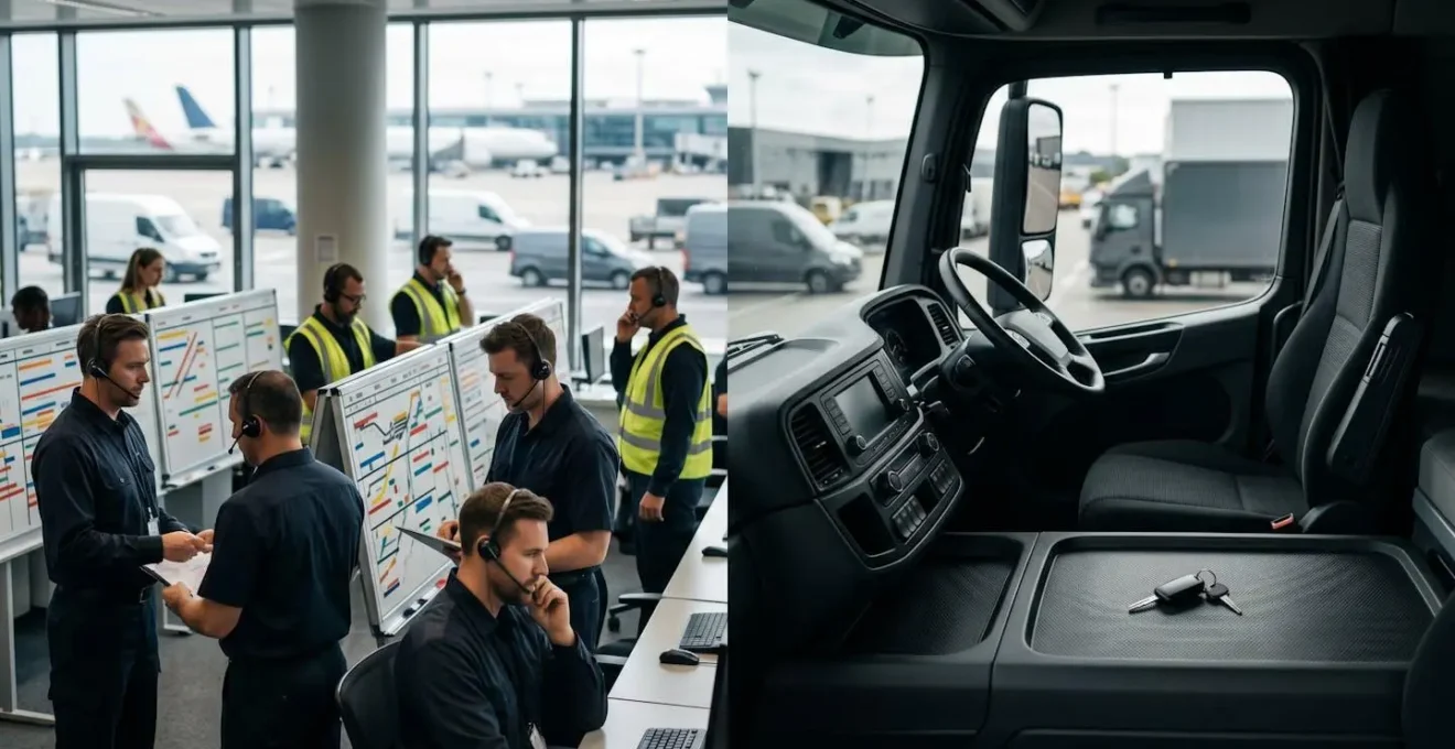 A split scene showing the contrast between an organised dispatch center with multiple drivers and a single, empty driver's seat representing a single point of failure.