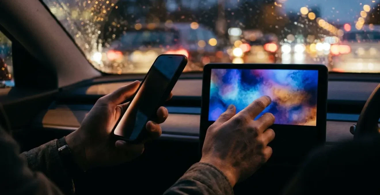 Professional chauffeur analyzing multiple traffic sources in vehicle