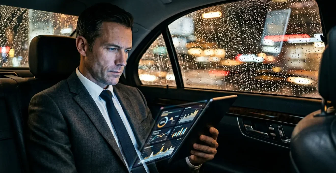 Executive in vehicle reviewing digital scheduling dashboard during urban transit with blurred city movement outside