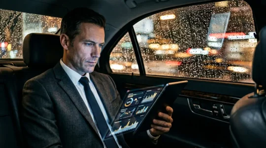 Executive in vehicle reviewing digital scheduling dashboard during urban transit with blurred city movement outside