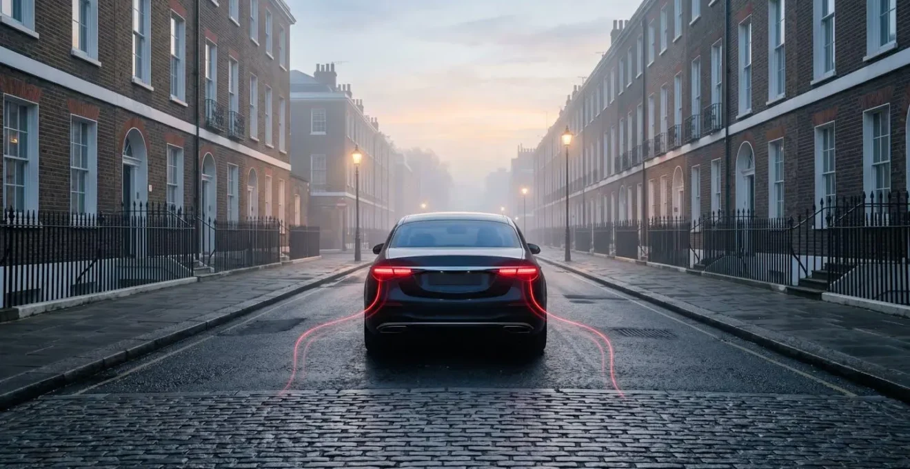 Mercedes vehicle departing London residential area at dawn