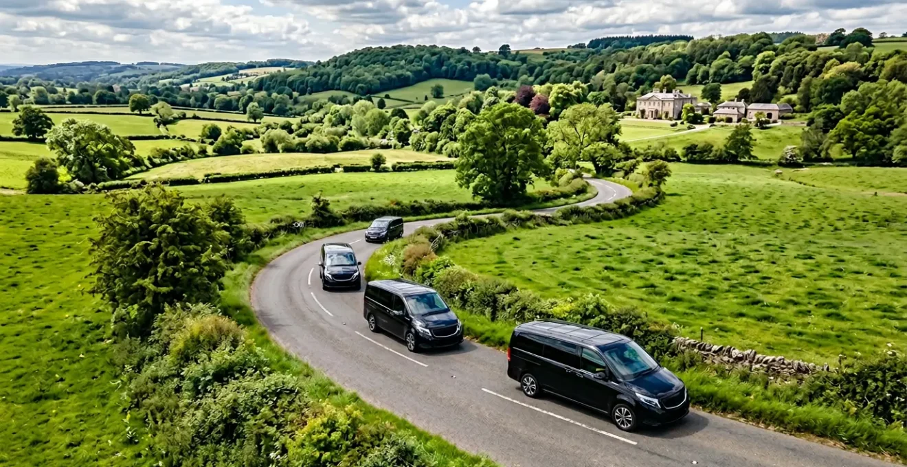 Three black luxury MPVs driving in formation on a countryside road leading to a wedding venue