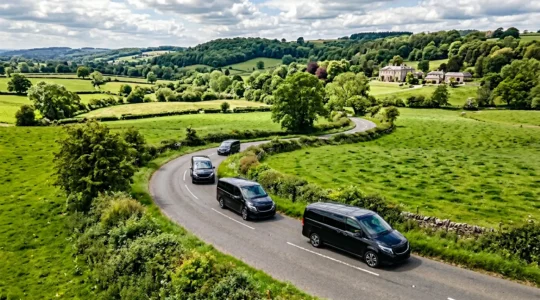 Three black luxury MPVs driving in formation on a countryside road leading to a wedding venue