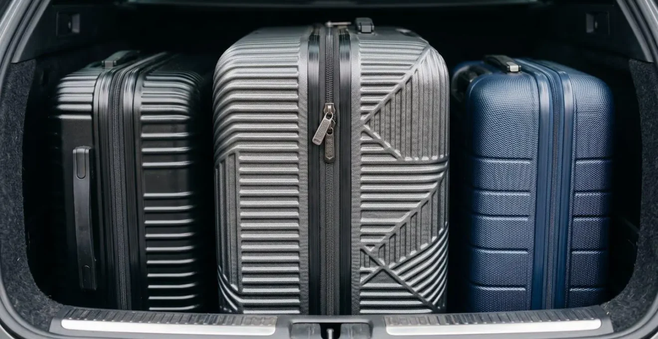 Interior view of an estate car boot showing three large hard-shell suitcases perfectly arranged