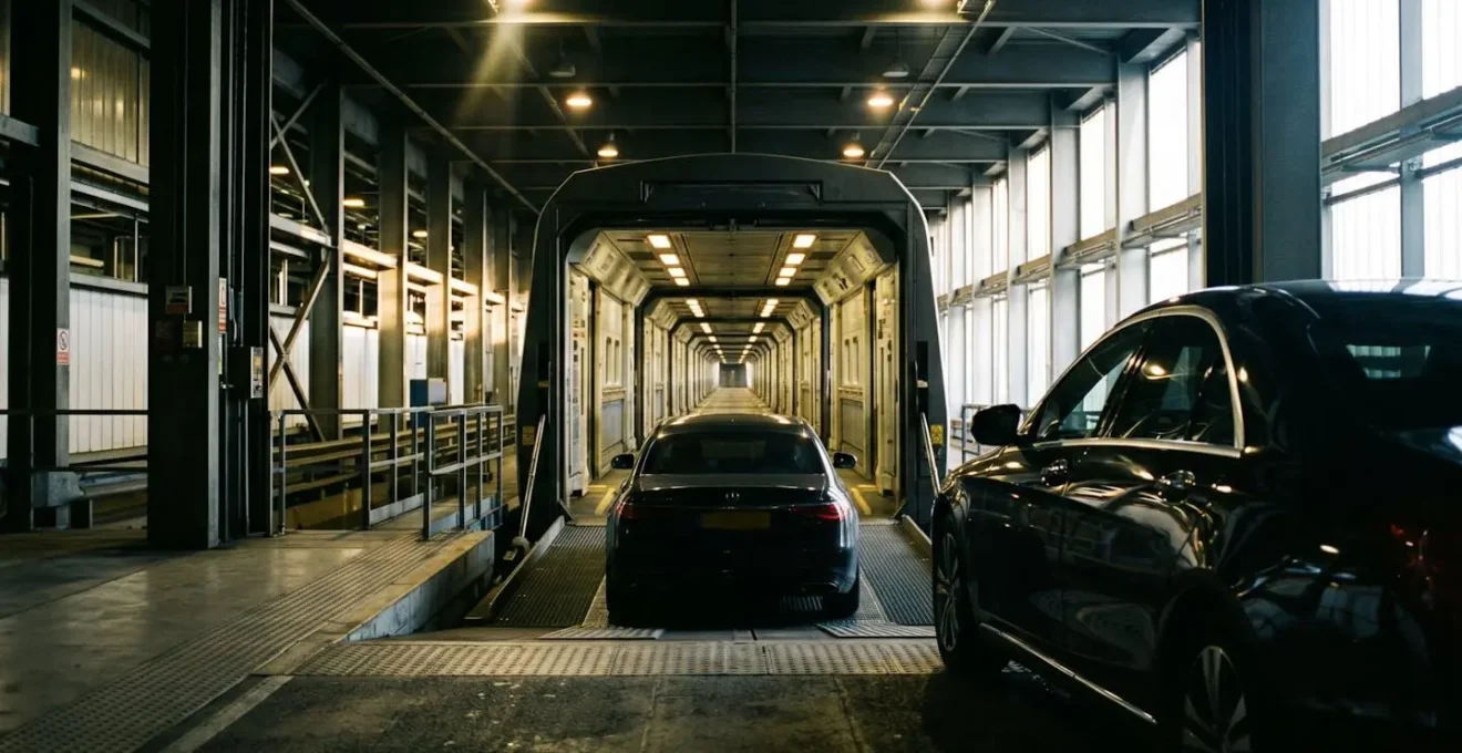 Executive vehicle boarding the Eurotunnel Le Shuttle train platform