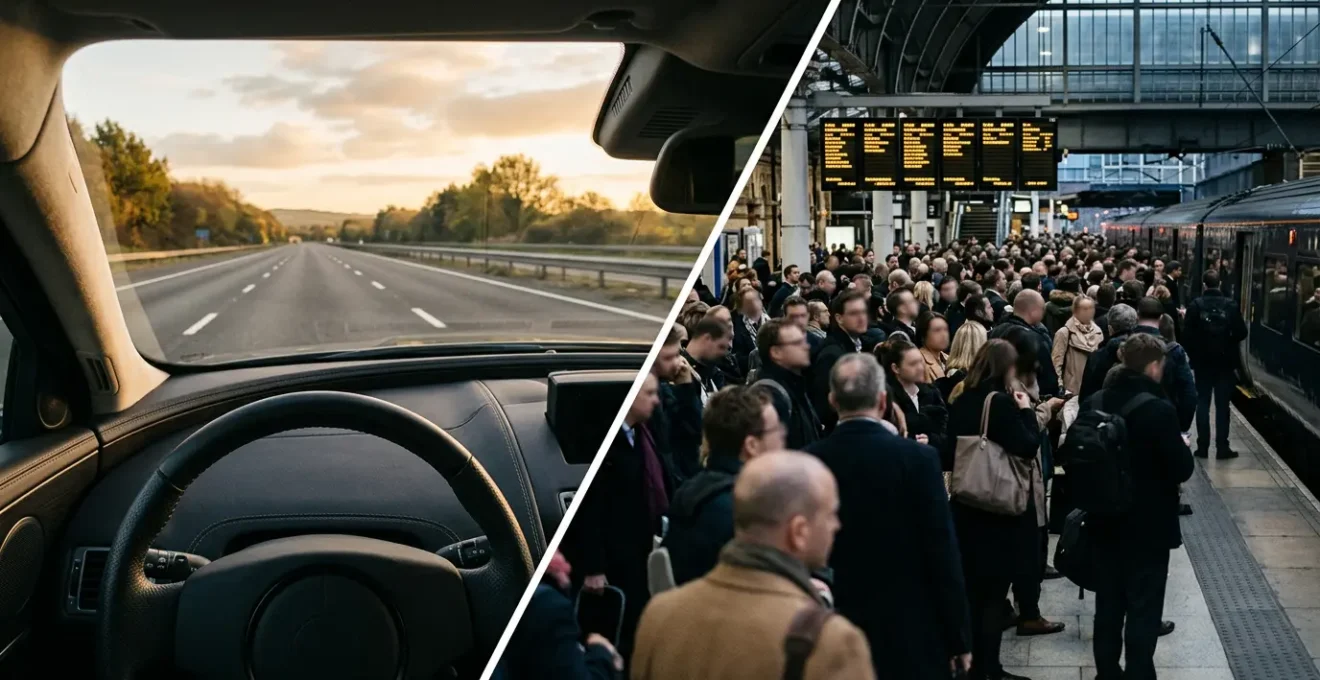 Split composition showing luxury executive car on M6 motorway alongside Pendolino train at Manchester Piccadilly station