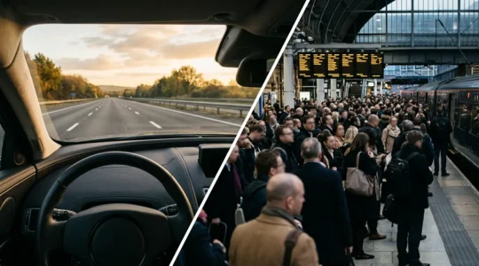 Split composition showing luxury executive car on M6 motorway alongside Pendolino train at Manchester Piccadilly station