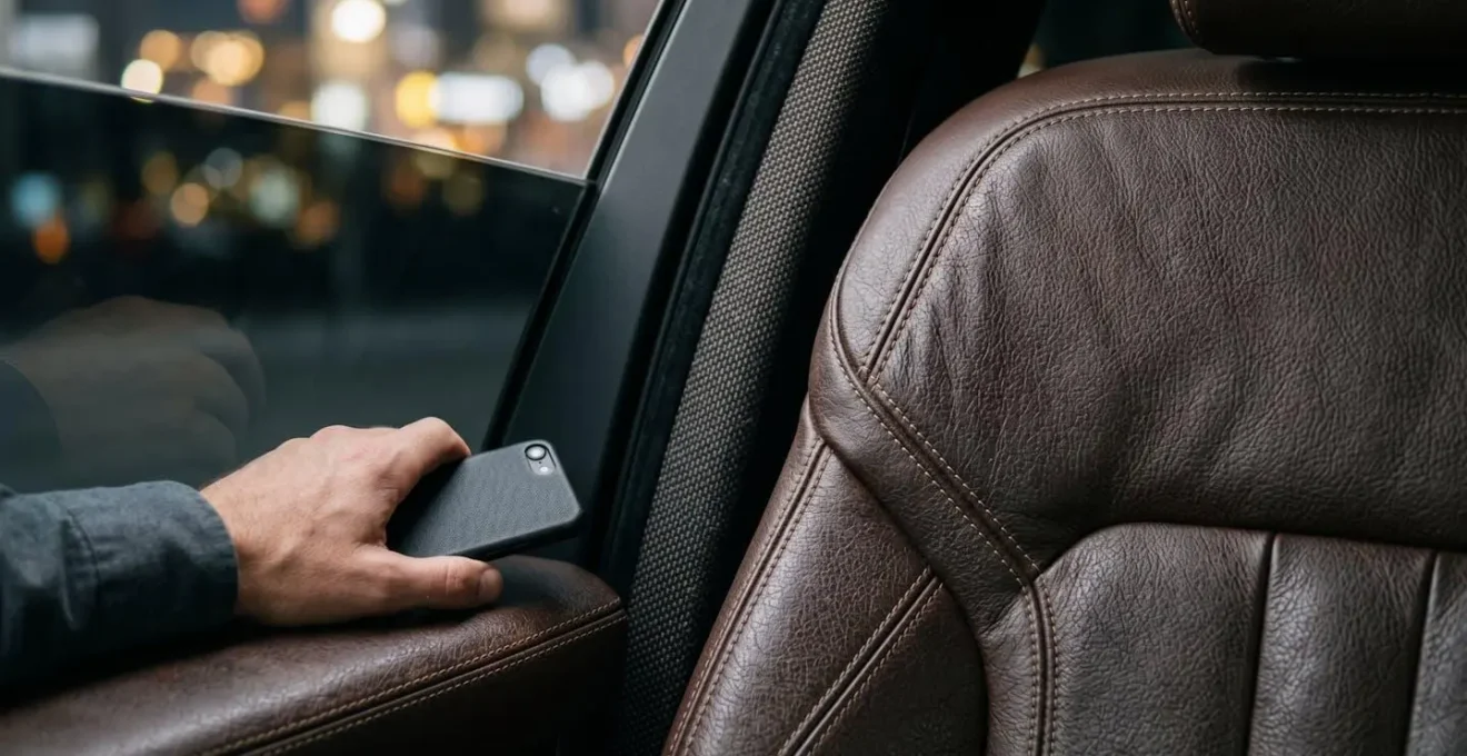 Business executive making confidential call in luxury car interior with privacy glass
