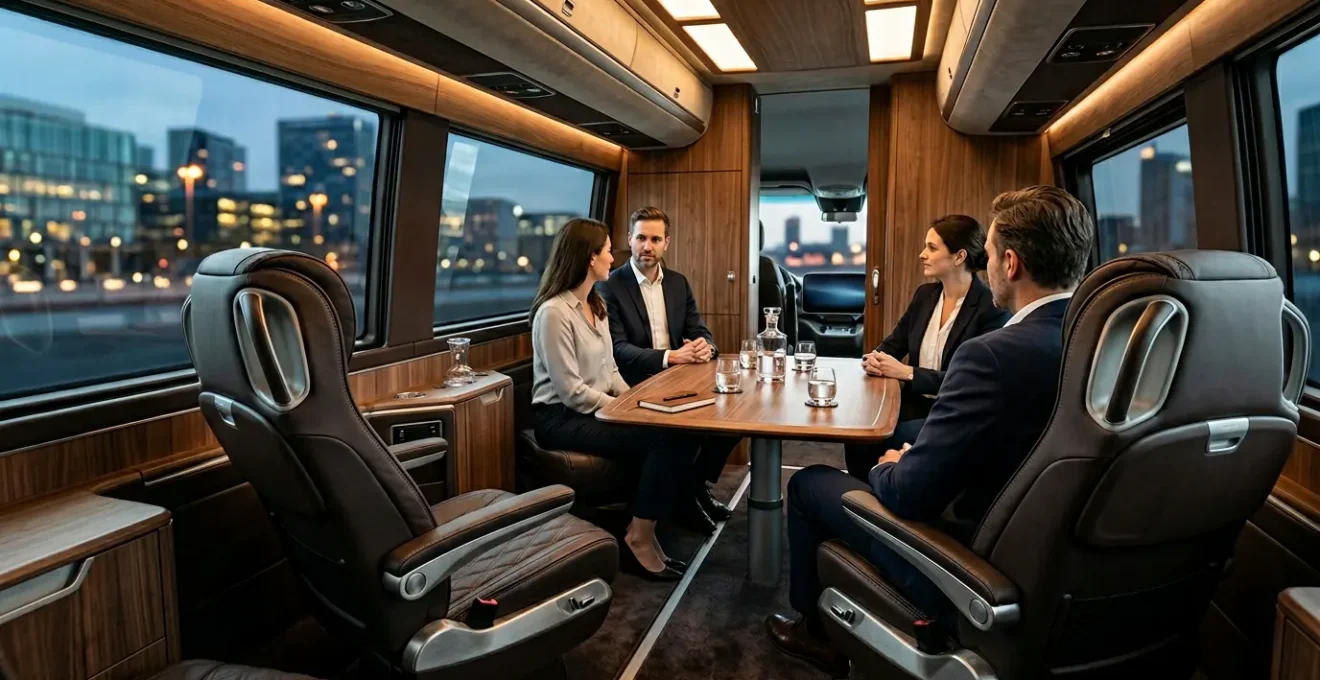 Luxury executive minicoach interior with premium leather seating and sophisticated ambiance