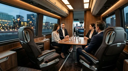 Luxury executive minicoach interior with premium leather seating and sophisticated ambiance