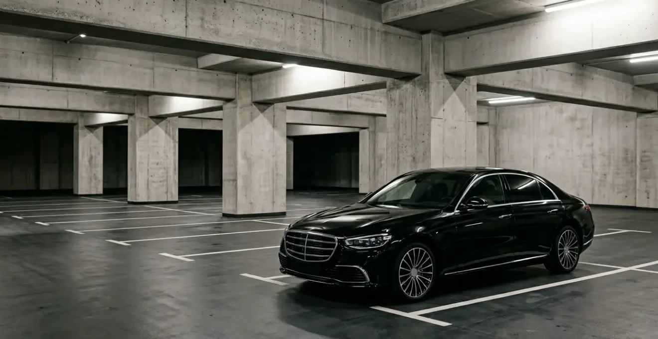 Luxury black sedan in corporate boardroom parking lot