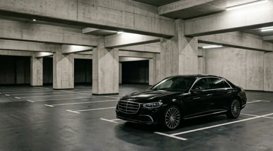 Luxury black sedan in corporate boardroom parking lot