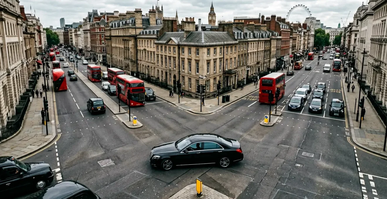 Professional chauffeur in luxury vehicle navigating through Central London busy streets