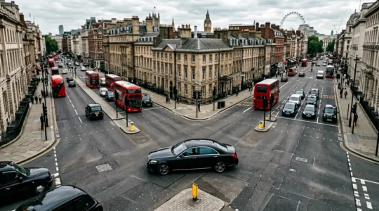 Professional chauffeur in luxury vehicle navigating through Central London busy streets