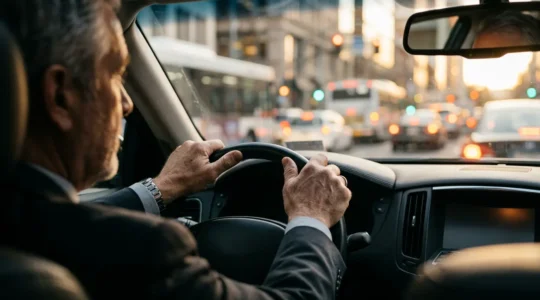 Professional driver navigating London traffic with strategic route planning